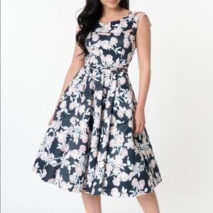 Unique Vintage Navy and Peach Floral Marlo Dress